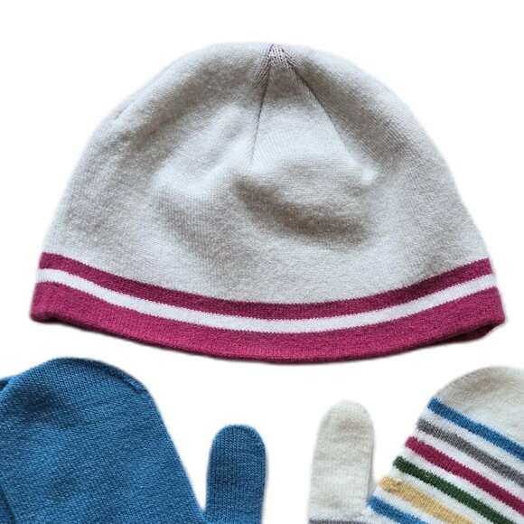Xhiliration Toddler Knit Beanie White w/ Pink Trim 2 Prs Knit Mittens Blue Multi - Picture 2 of 4